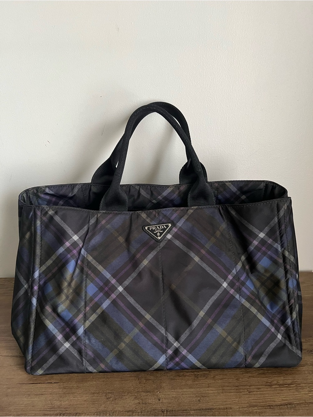 *Rare* Prada Black Blue Purple Plaid Nylon Canapa